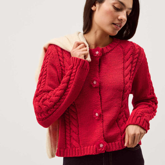Monsoon Flower Button Cable Knit Cardigan Red