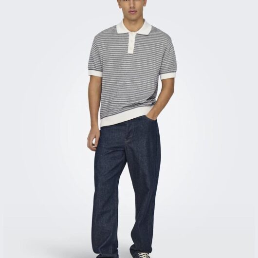 ONLY & SONS Pure Cotton Knitted Polo Shirt Navy Mix