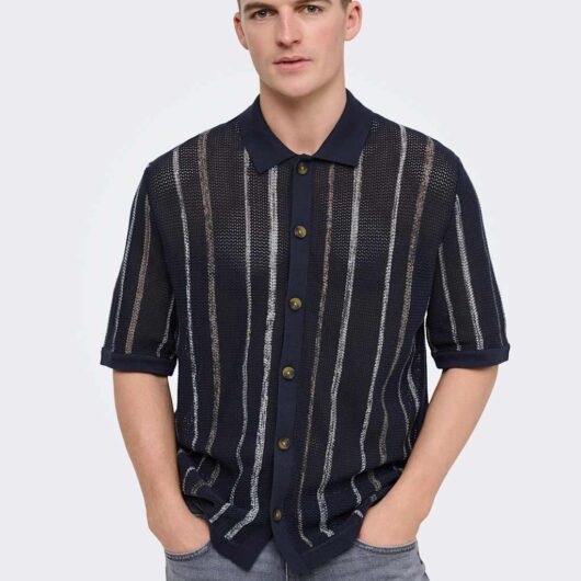ONLY & SONS Pure Cotton Striped Knitted Shirt Navy Mix