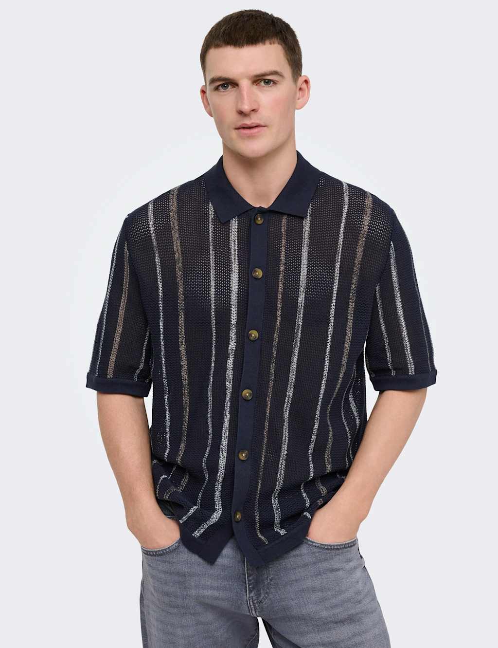 ONLY & SONS Pure Cotton Striped Knitted Shirt Navy Mix