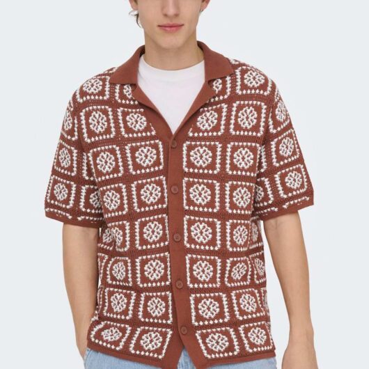 ONLY & SONS Pure Cotton Textured Knitted Shirt Brown Mix