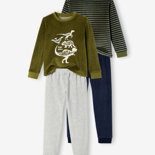 Pack of 2 "Dinosaurs" Pyjamas in Velour for Boys green medium solid with desig