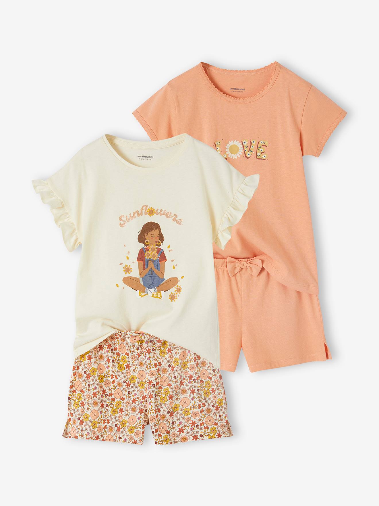 Pack of 2 Fruit Pyjamas in Rib Knit, for Girls ecru