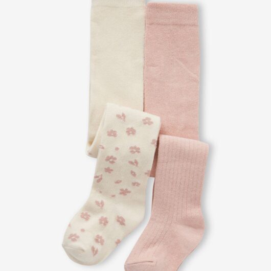 Pack of 2 Pairs of Floral & Rib Knit Tights for Baby Girls ecru