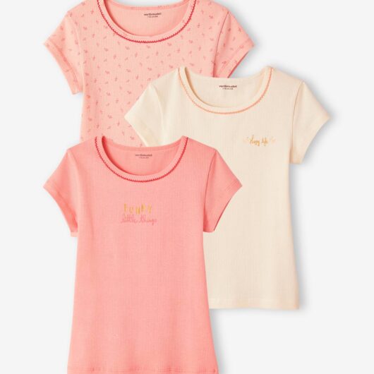 Pack of 3 Short Sleeve Fancy T-Shirts in Rib Knit for Girls nude pink