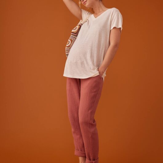 Paperbag-Style Trousers in Cotton Gauze for Maternity, by ENVIE DE FRAISE old rose