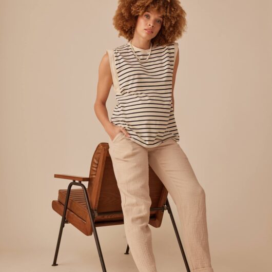 Paperbag-Style Trousers in Cotton Gauze for Maternity, by ENVIE DE FRAISE sandy beige