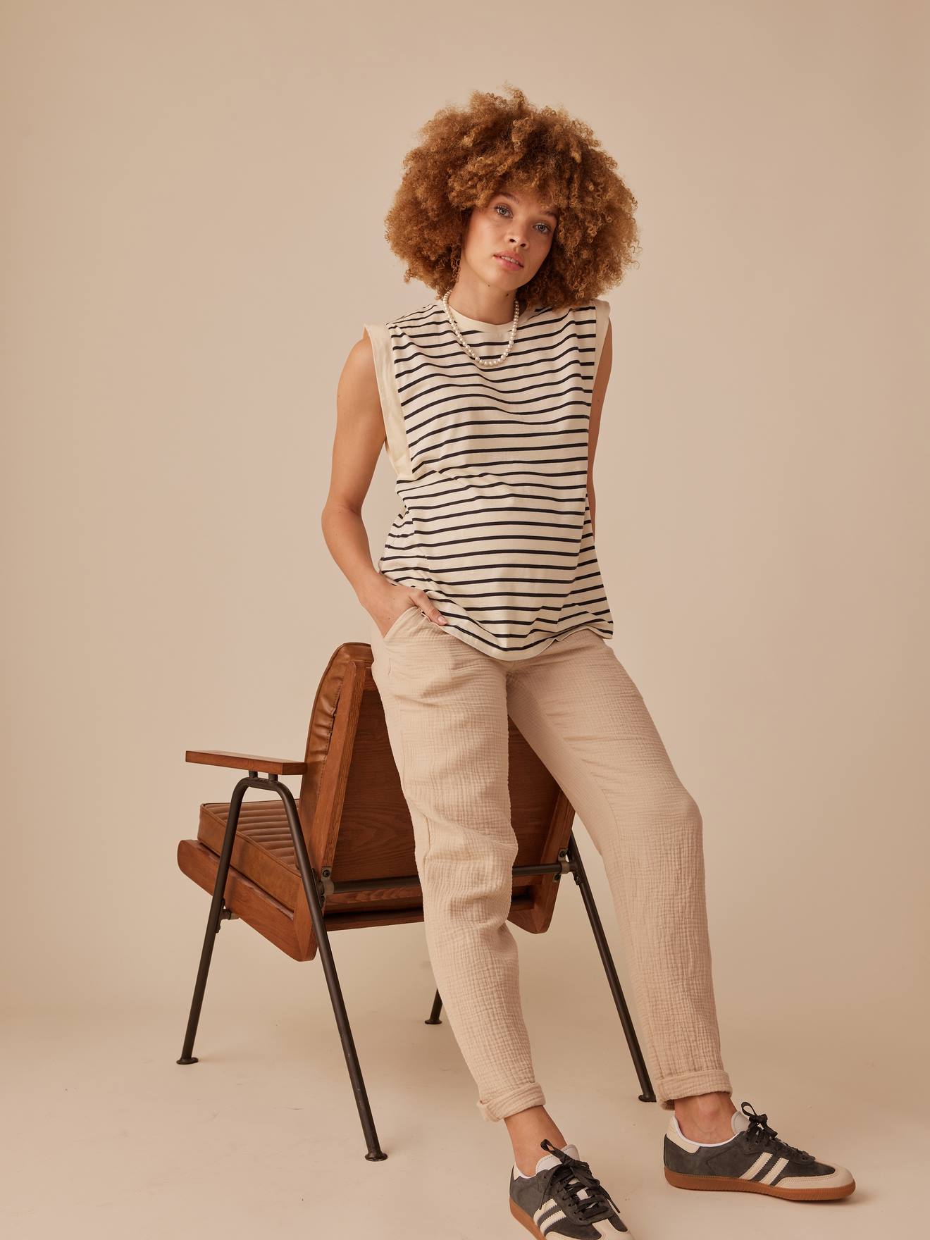 Paperbag-Style Trousers in Cotton Gauze for Maternity, by ENVIE DE FRAISE sandy beige