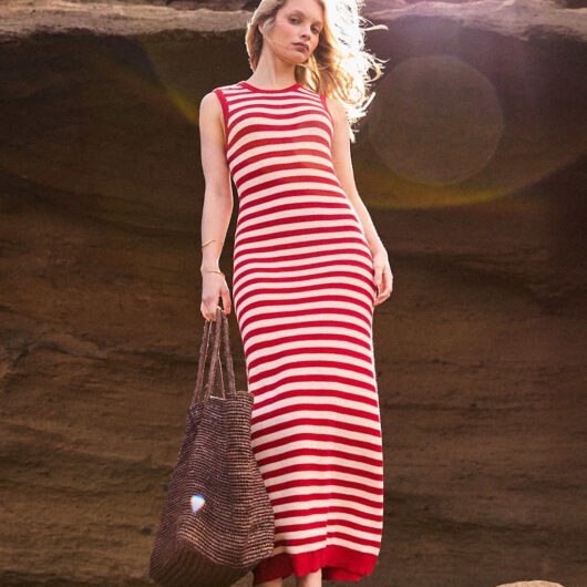 RO&ZO Pure Cotton Striped Knitted Midaxi Column Dress Red Mix