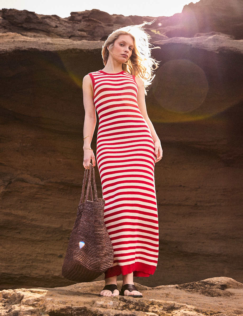 RO&ZO Pure Cotton Striped Knitted Midaxi Column Dress Red Mix