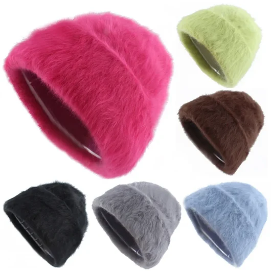 Rabbit Hair Knitted Hat Custom Beanie Cap Fashion Versatile Plush Winter Warm Custom LOGO Knitted Hats