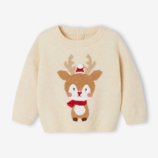Reindeer Christmas Jumper with Glittery Details, for Babies sand beige
