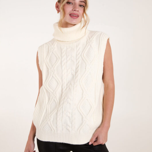 Roll Neck Cable Knit Vest - M/L / IVORY