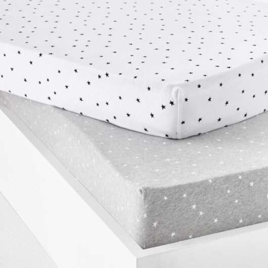 Set of 2 Baby Fitted Sheets in Stretch Jersey Knit, Star Print light grey/print