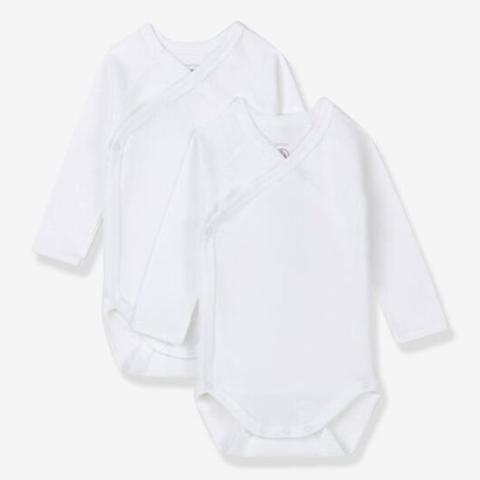 Set of 2 Long Sleeve Wrapover Bodysuits in Organic Cotton for Newborn Babies, by Petit Bateau white light two color/multicol