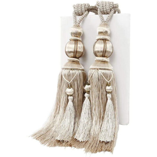 Set of 2 hanging tassel curtain tiebacks, with loop and handcrafted braided strap.