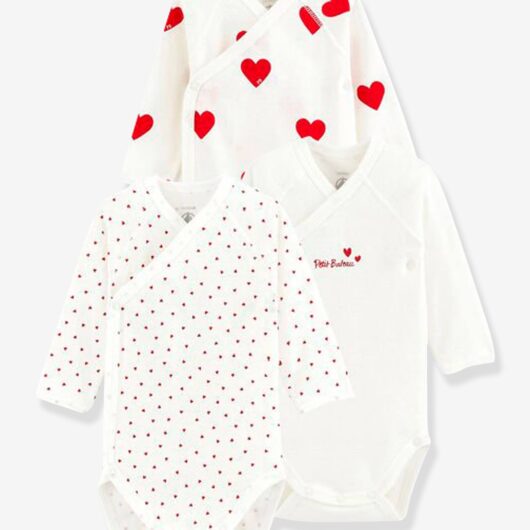 Set of 3 Long Sleeve Wrapover Bodysuits with Hearts in Organic Cotton for Newborn Babies, by Petit Bateau white light two color/multicol
