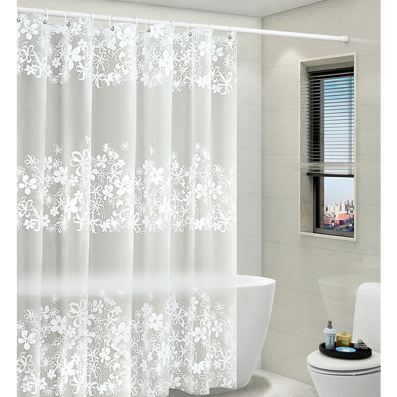 Shower Curtain with Attached Valance for Bathroom, White Victorian Floral Sheer Knit, Shabby Chic Fabric Decor Set, W 72" x L 72"