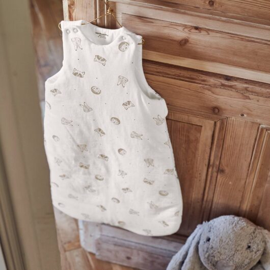 Sleeveless Baby Sleep Bag, in Organic Cotton*, Mini Compagnie white/print