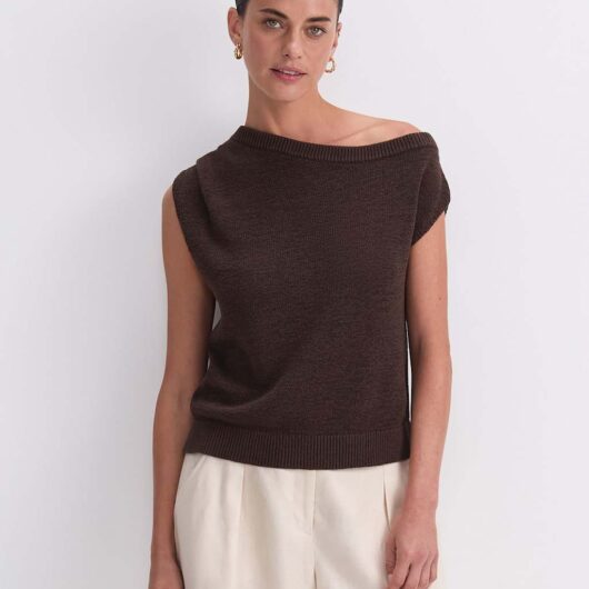 Sportscraft Cotton Blend Textured Knitted Top Chocolate