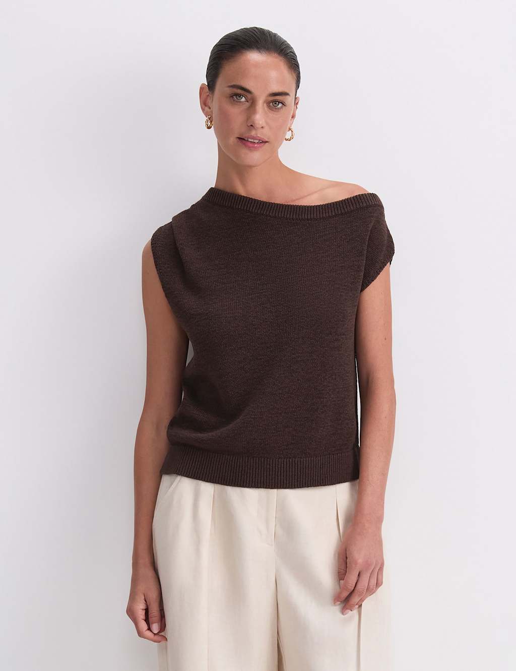 Sportscraft Cotton Blend Textured Knitted Top Chocolate