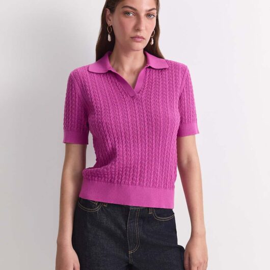 Sportscraft Pure Cotton Pointelle Knitted Polo Top Magenta