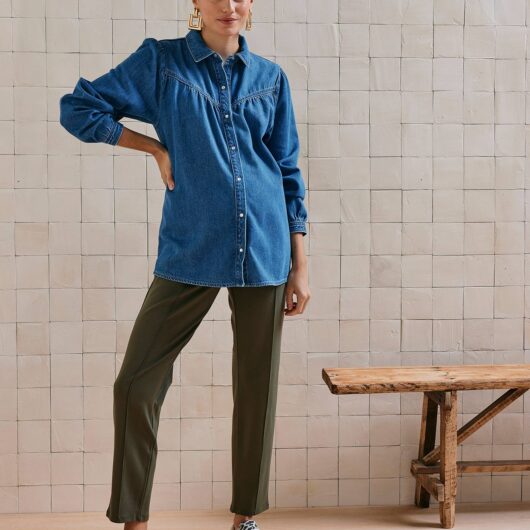 Straight Cut Trousers in Milano Knit for Maternity khaki
