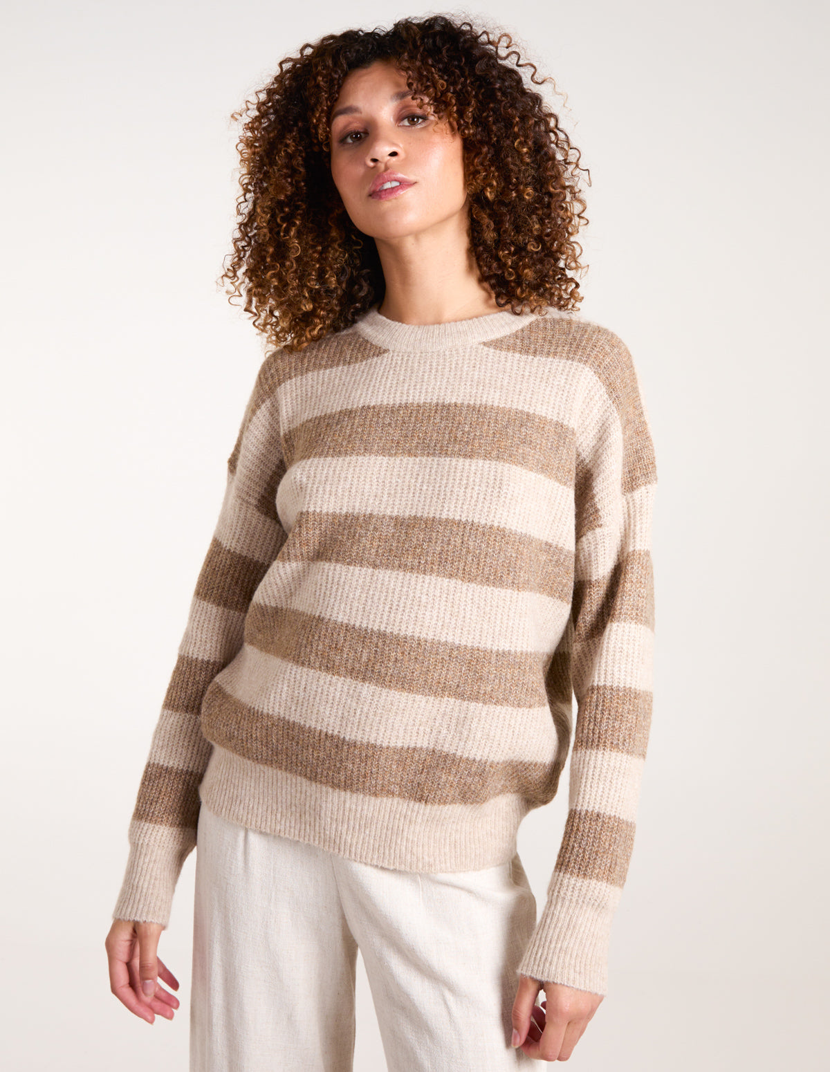 Stripe Rib Knit Jumper - S/M / BEIGE