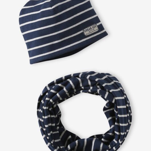 Striped Beanie + Infinity Scarf Set for Boys navy blue