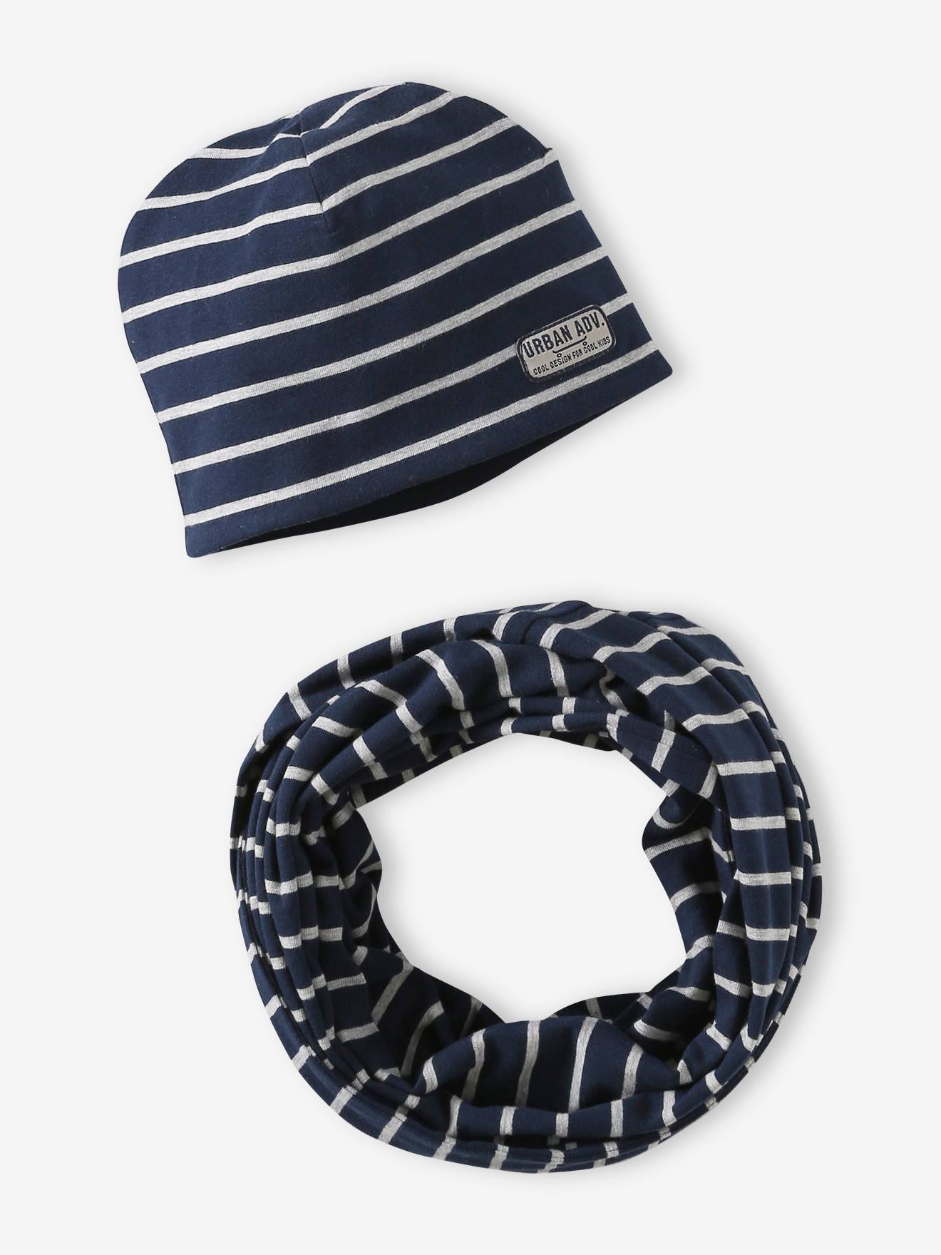 Striped Beanie + Infinity Scarf Set for Boys navy blue