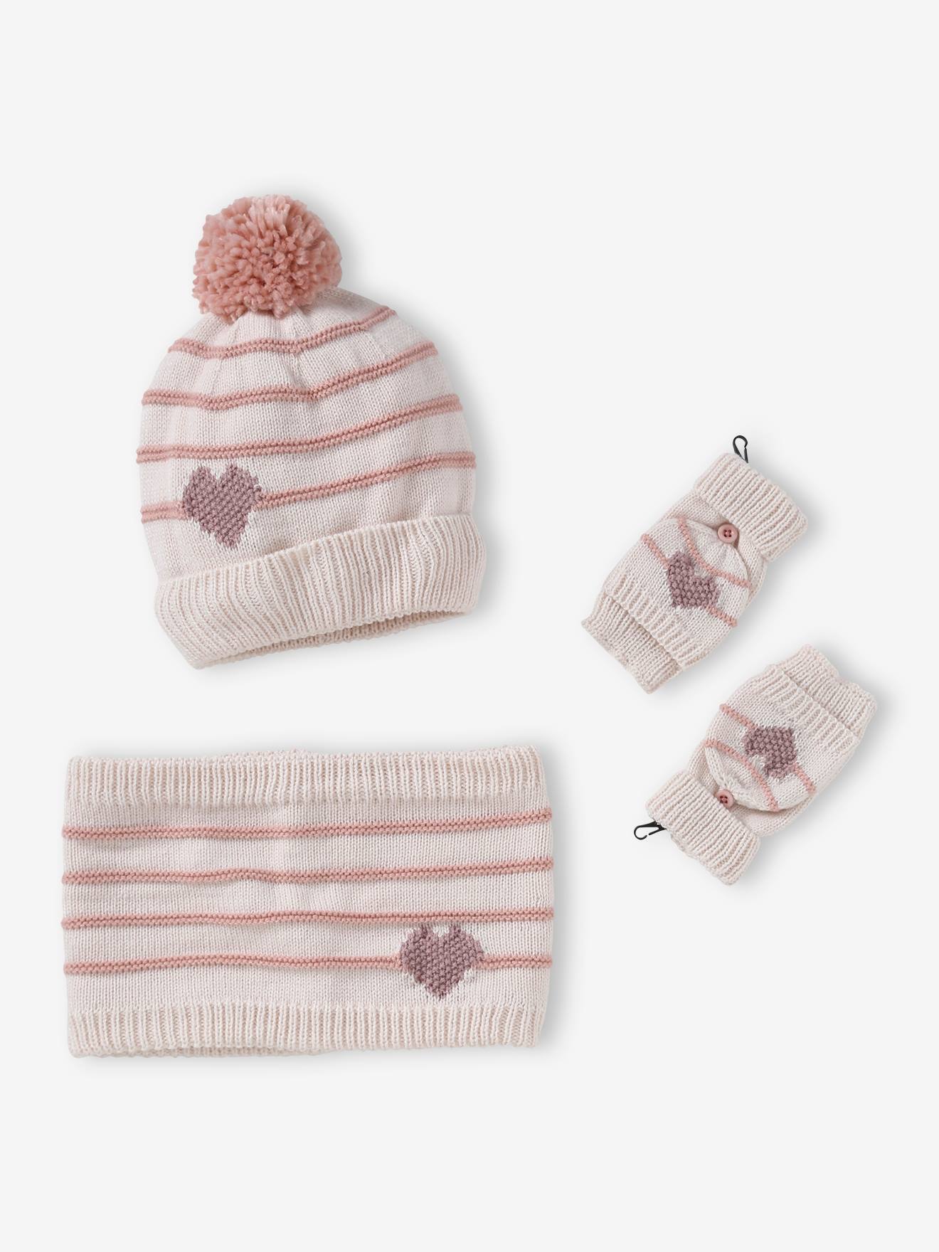 Stripes/Hearts Beanie + Snood + Mittens/Fingerless Mitts Set for Girls ecru