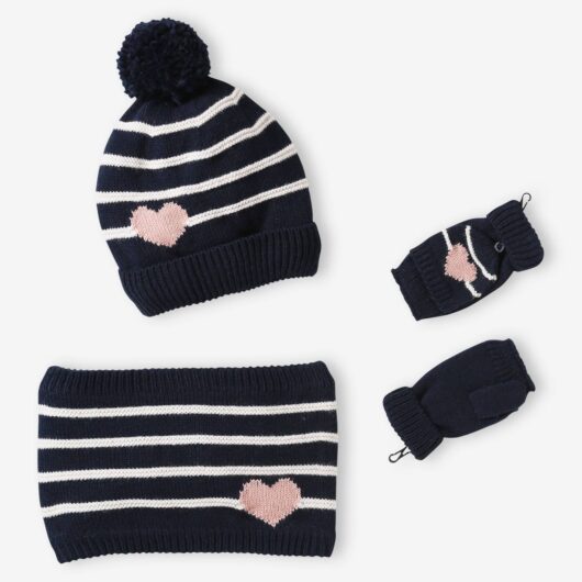 Stripes/Hearts Beanie + Snood + Mittens/Fingerless Mitts Set for Girls navy blue