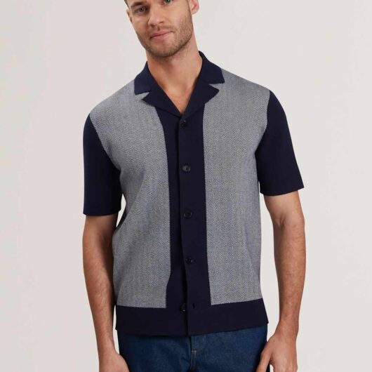 Ted Baker Regular Fit Herringbone Knitted Polo Shirt Navy