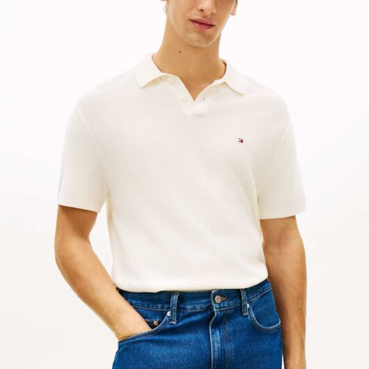 Tommy Hilfiger Pure Cotton Textured Knitted Polo Shirt Ivory