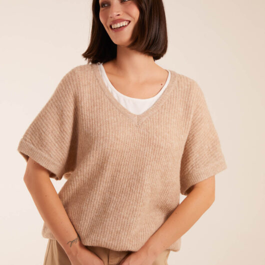 V-Neck Knitted Top - S/M / BEIGE