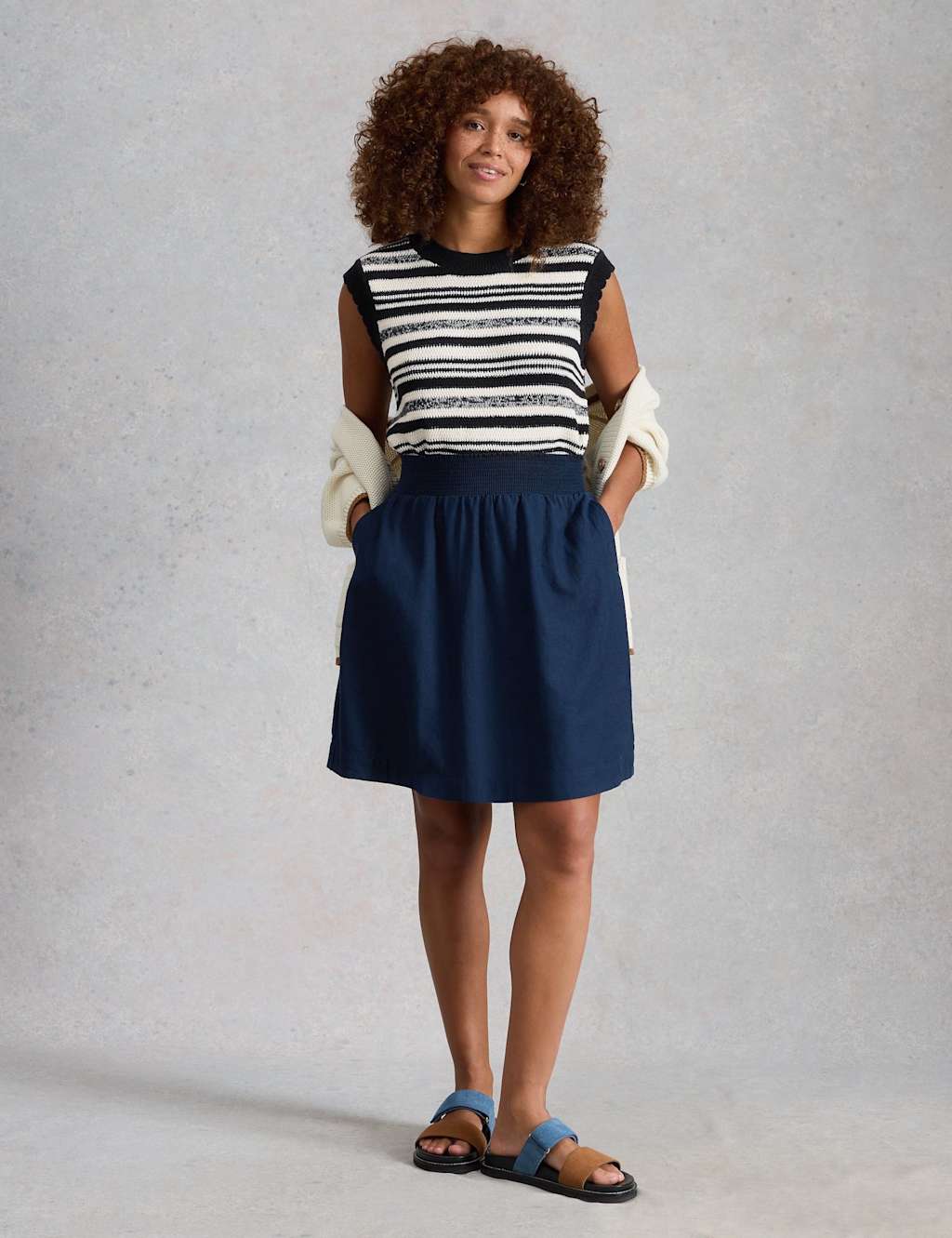 White Stuff Pure Cotton Striped Knitted Vest Navy Mix