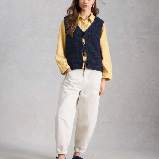 White Stuff Pure Cotton Textured V-Neck Knitted Vest Navy