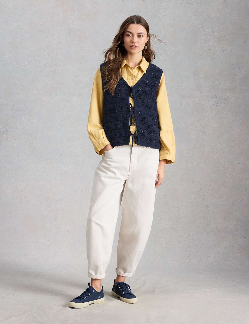 White Stuff Pure Cotton Textured V-Neck Knitted Vest Navy