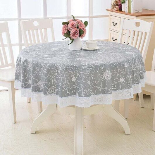 1 round oilcloth tablecloth, thick waterproof PVC, floral pattern with lace, grey, 180 cm, for dining room, garden, cafe, party
