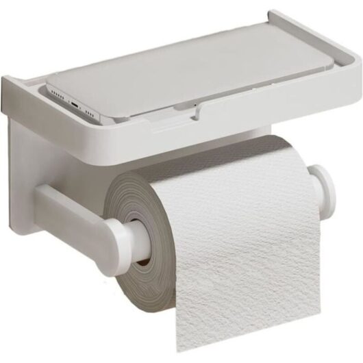 1 wall-mounted aluminum toilet paper holder with integrated shelf, minimalist white design for modern bathroom