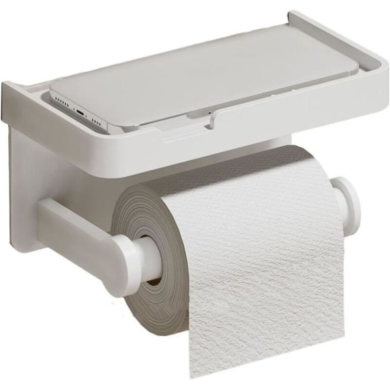 1 wall-mounted aluminum toilet paper holder with integrated shelf, minimalist white design for modern bathroom