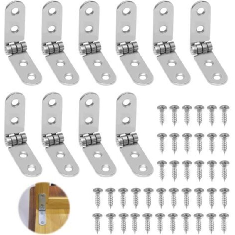 10 Pieces Folding Hinges, 180° Foldable Round Hinges Made of Stainless Steel with 40 Screws for Folding Table, Cabinet, Wardrobe, Wooden Box,