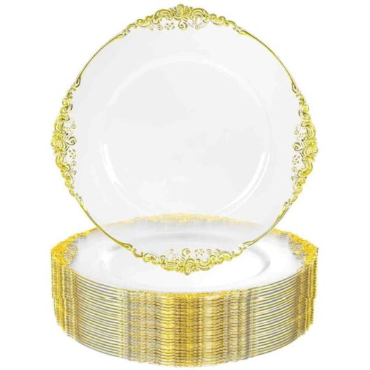 10 disposable 20cm (8 inch) clear plastic round salad/dishes with embossed gold baroque rim, for party and event decorations.