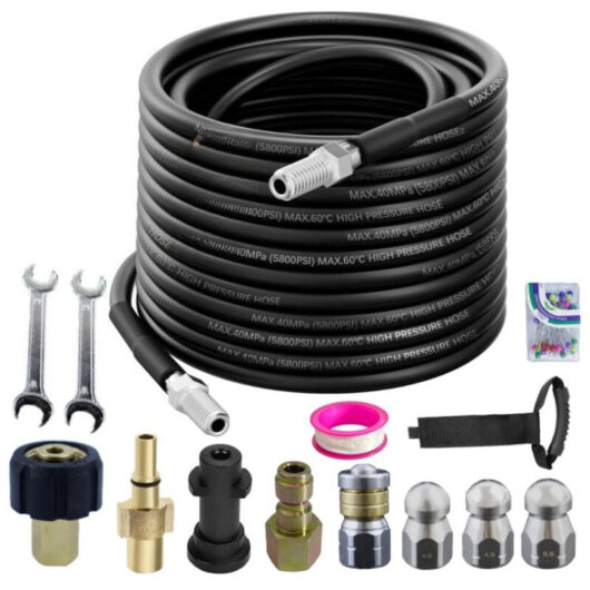10M Pressure Washer Sewer Hose 5800PSI, Drain Cleaning Hose Kit with Rotary Nozzle, Pipe Cleaning Set