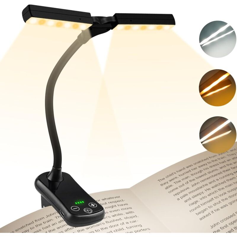 14 LED Dual Head Reading Lamp, USB Rechargeable Clip-on Book Light, 360° Flexible Neck, 3 Colors & Gradual Dimming, Up to 80 Hours, Portable for