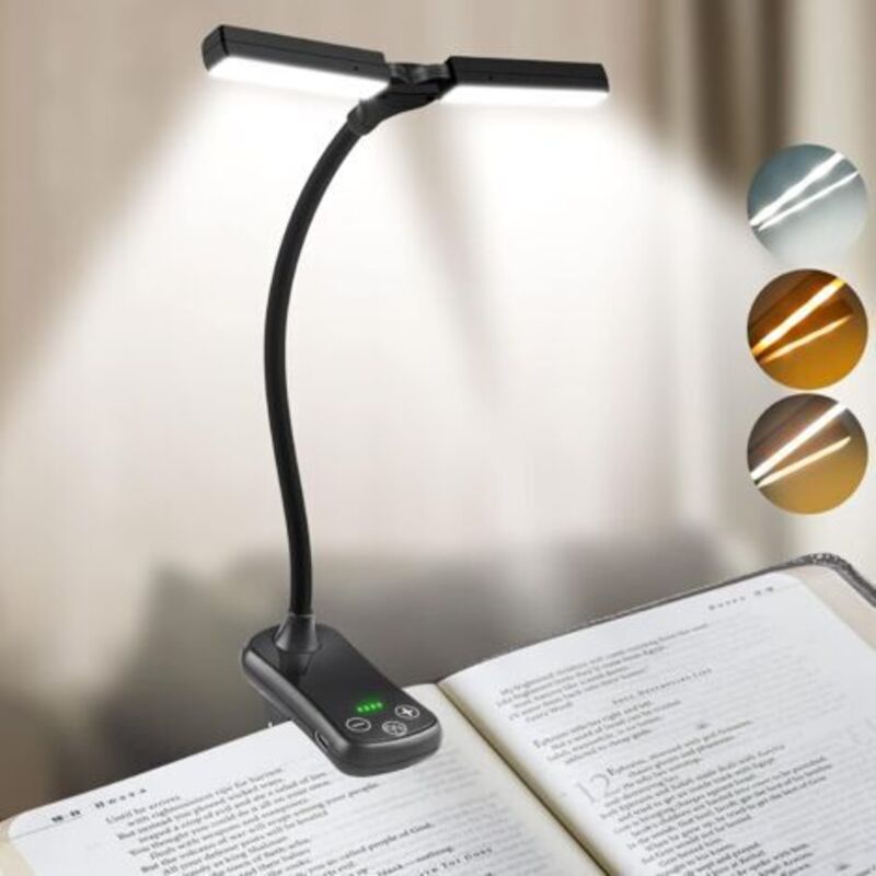 14 LEDs Dual Head Reading Light, Book Light Clip USB Rechargeable, 360° Flexible Neck Book Light, 3 Colors & Stepless Dimming, Portable for Reading
