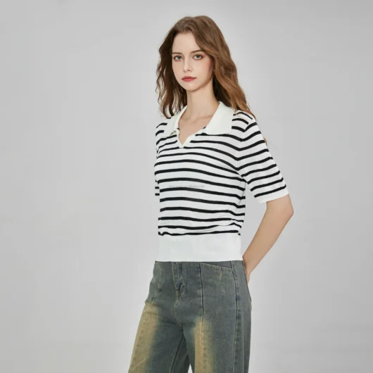 14GG 100% Viscose Knitted Polo Women Ice Silk Short Sleeve Breton Stripe Jumper Top Fine Knit Apparel Jumper Top Tee