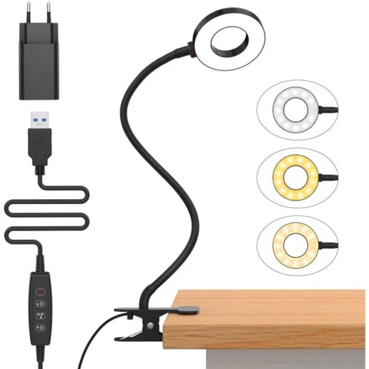 2 Pcs Clip-on Desk Lamp with USB Adapter [3 Lighting Modes & 10 Brightness Levels] 360° Flexible Clip-on Reading Lamp, 40CM LED Desk Lamp for