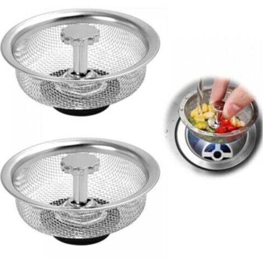 2-Piece Stainless Steel Sink Strainer Basket Stainless Steel Sink Strainer Kitchen Sewer Shower Height Adjustable Rubber Stopper, Silver