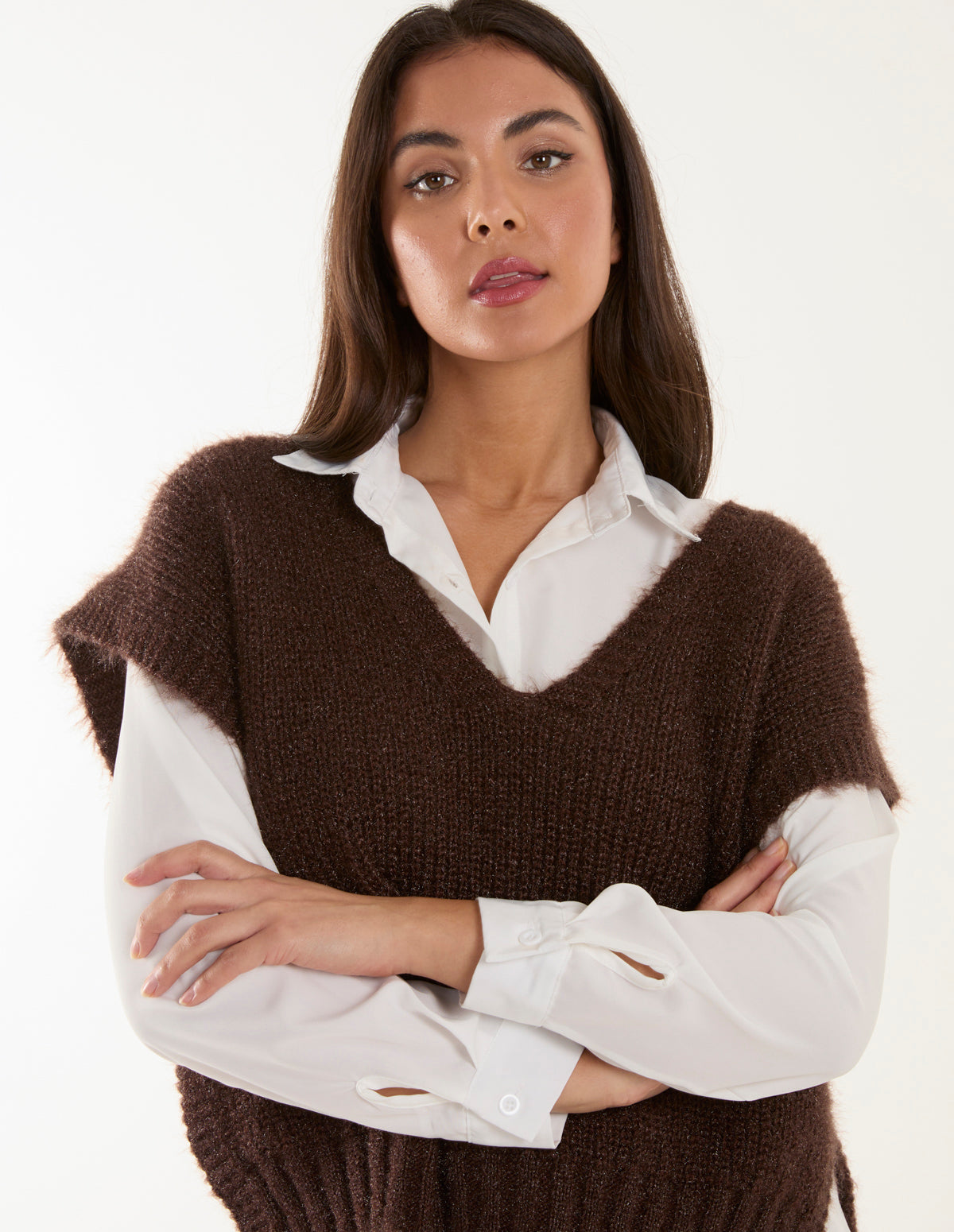 2 in 1 Knitted Vest Shirt - ONE / CHOCOLATE
